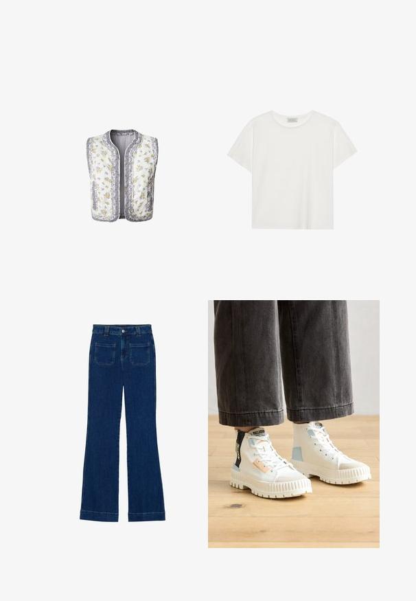 Balta audinio žydinčių raštų pūstinė liemenė, su geltonomis ir violetinėmis gėlėmis. Apipjaustyti kraštai ir dvi šoninės kišenės. Be rankovių.; Balta trumpa rankovė T-marškiniai, pagaminti iš minkštos medvilnės. Charakterizuojami apvali kaklo iškirpte ir laisvu siluetu. Švarus dizainas be matomų raštų ar akcentų.; Tamsiai mėlynos džinsinės flared kelnės su lygiu paviršiumi, penkių kišenių dizainu ir mygtuko uždarymu ties juosmeniu.; Aukštos sportinės bateliai su balta kanvoso viršūne, tekstūruota padais, mėlynomis ir persikų atspalviais, bei šoniniu užtrauktuku, derinti su plačiomis pilkomis kelnėmis.