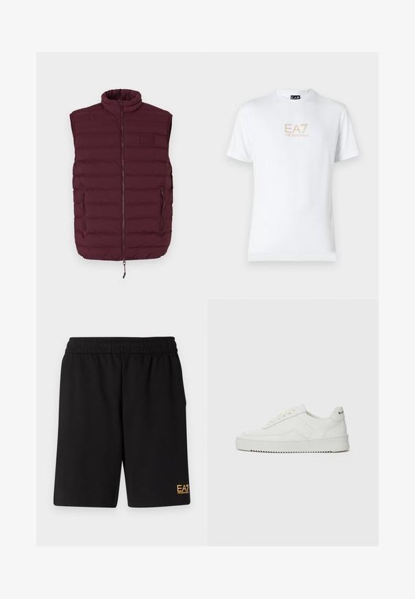 Burgundska brezrokavnik iz puffa z visokim ovratnikom, horizontalnim podbojem, sprednjim zadrgo in dvema stranskima žepoma. EA logo na prsih.; Bela bombažna majica s krožnim izrezom in kratkimi rokavi, s pozlačenim logotipom EA7 Emporio Armani natisnjenim spredaj.; Črne športne kratke hlače iz mehkega blaga, z elastičnim pasom in majhnim rumenim logotipom EA7 na spodnjem levem delu noge.; Bela usnjena športna obutev z gladko površino, okroglo prst, ravne vezalke in teksturiran podplat. Ima diskretno logo na peti.