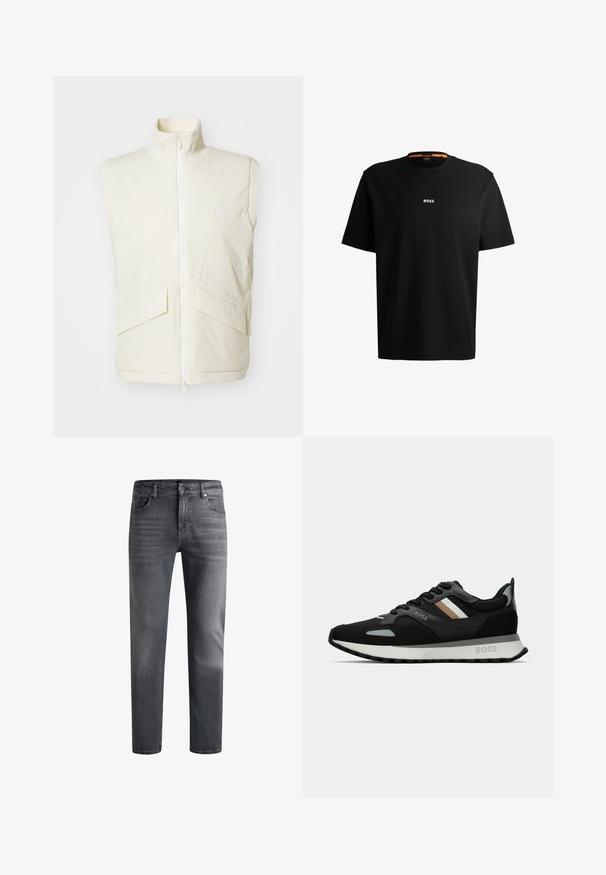 Krémová bezrukávová vesta s vysokým golierom, predným zipsom a dvoma šikmými vreckami; hladká textúra a minimalizovaná brandingová detaily.; Čierne bavlnené tričko s okrúhlym výstrihom, krátkymi rukávmi a bielym logom "BOSS" umiestneným na hrudi. Hladká textúra, voľný strih.; Tmavomodré denimové rifle s priamym strihom. Majú päť vreciek, zipsový zapínanie a jemné vyšúchanie na stehnách pre decentnú textúru.; Čierna bežecká obuv s textúrovaným povrchom, svetlošedými akcentmi a tromi horizontálnymi pruhmi v hnedej farbe. Obsahuje bielu polstrovanú podrážku.