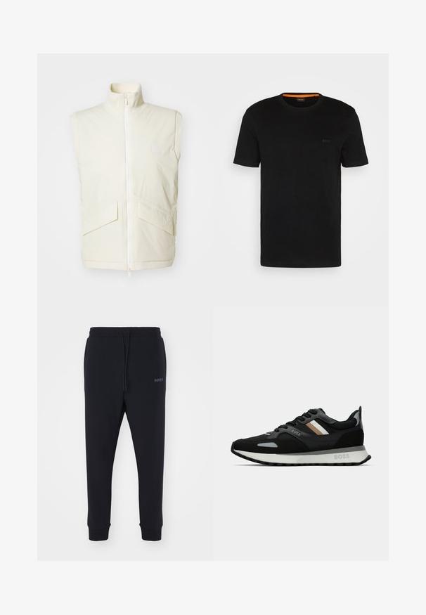 Kremfarget ermeløs vest med høy krage, glidelås foran og to skrå lommer; glatt tekstur og minimal merkevaredetalj.; Svart kortermet t-skjorte laget av myk stoff, med rund hals og en subtil logo foran. Inni kragen er det oransje detaljer.; Sorte sweatsbukser laget av mykt materiale med elastisk midjebånd, snor og avsmalnende bein. Har et lite logo på siden.; Svart løpetreningssko med teksturert overflate, lysegrå detaljer og tre horisontale striper i brunt. Har en hvit polstret såle.
