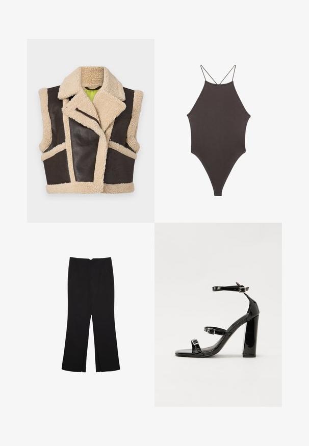 Brązowa skórzana kamizelka z kremowymi akcentami z owczej wełny. Posiada szeroki kołnierz, skrócony krój i zamek błyskawiczny. Widoczne teksturowane panele kontrastowe.; Brązowy jednoczęściowy kostium kąpielowy z wysokim dekoltem i cienkimi, regulowanymi ramiączkami; charakteryzuje się wysokim krojem nogawek i gładką teksturą. Bez wzorów ani ozdób.; Czarne spodnie o prostym kroju, z przednimi kieszeniami i bocznymi rozcięciami na dole. Wykonane z miękkiego, gładkiego materiału. Odpowiednie na różne okazje.; Czarne lakierowane sandały na obcasie z kwadratowym noskiem, z paskami wokół kostki i srebrnymi klamrami. Posiadają masywny słupek dla stabilności.