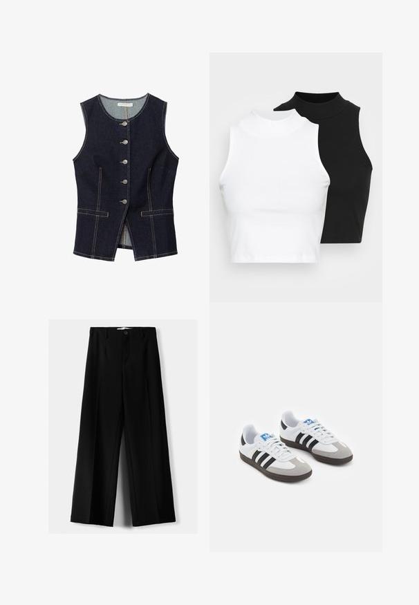Tmavě modrá džínová vesta s kulatým výstřihem, pěti stříbrnými knoflíky vpředu a dvěma předními kapsami; bílé švy po celém obvodu.; Dvě bezrukávové halenky s ribovým stojáčkem v černé a bílé barvě, které mají přiléhavý střih a hladkou texturu, s krácenou délkou.; Černé široké kalhoty z lehkého materiálu s předním zapínáním na knoflík a hladkým předním dílem, s pečlivě přišitými lemy.; Sportovní boty s bílým koženým svrškem, šedou semišovou špičkou a třemi černými pruhy. Obsahují modré logo na jazyku a texturovanou gumovou podrážku.