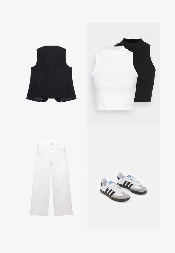 Schwarze Nadelstreifenweste mit maßgeschneidertem Design. Hat einen hohen Kragen, offene Seiten und einen leicht längeren hinteren Saum. Glatte Stofftextur.; Zwei ärmellose, gerippte Rollkragenoberteile in Schwarz und Weiß, mit einer figurbetonten Passform und glatter Textur sowie einer cropped Länge.; Weiße, weit geschnittene Jeans aus Baumwolle mit hoher Taille, Fünf-Taschen-Design und Messingbeschlägen. Glatte, unbeschädigte Oberfläche.; Sportschuhe mit einem Obermaterial aus weißem Leder, grauer Wildleder-Zehenkappe und drei schwarzen Streifen. Sie verfügen über ein blaues Logo auf der Zunge und eine strukturierte Gummisohle.