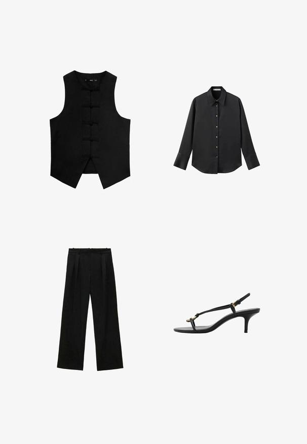 Crni bezrukavni prsluk s okruglim izrezom, teksturiranom tkaninom i tradicionalnim čvorovima kao zatvaranjem sprijeda. Ima bočne džepove i suženi donji rub.; Crna košulja dugih rukava od glatkog materijala, s klasičnim ovratnikom, prednjim kopčanjem na dugmad u boji zlatne i širokim manžetnama.; Crne široke hlače s plisama, s glatkom teksturom i visokim strukom. Minimalistički stil, bez vidljivih metalnih dijelova ili ukrasa.; Crne kožne sandale s kitten heel potpeticama, tankim trakama, zlatnom kopčom i minimalističkom petom za prste, na bijeloj pozadini.