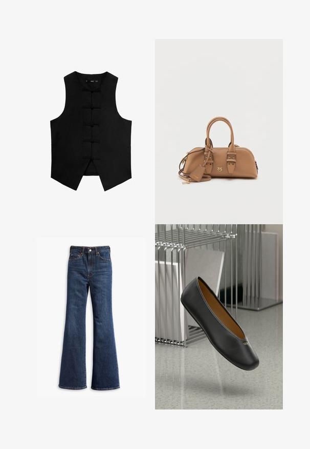 Schwarze ärmellose Weste mit rundem Ausschnitt, strukturiertem Stoff und traditionellen Knotenverschlüssen auf der Vorderseite. Verfügt über seitliche Taschen und einen tapering Saum.; Weißes Langarm-Hemd mit Knopfleiste, klassischem Kragen, lässiger Passform, Seitenschlitzen und glatter Textur aus leichtem Stoff.; Hochtaillierte dunkelblaue Jeans mit ausgestellten Beinen, Vorderknopf- und Reißverschluss sowie Fünf-Taschen-Design.; Schwarze Leder-Ballerinas mit runder Zehenpartie, glatter Textur und einem goldenen Logo-Akzent an der Seite. Positioniert über einer reflektierenden Oberfläche.; Braune Lederhandtasche mit runder Form, goldenen Hardware-Akzenten, doppelten Obergriffen und einem abnehmbaren Schultergurt. Mit einem Logo-Detail.; Haarklammer aus Kunststoff im Schildpatt-Design, mit wellenförmigem Muster, mehreren Greifzinken und einer abgerundeten Oberseite.