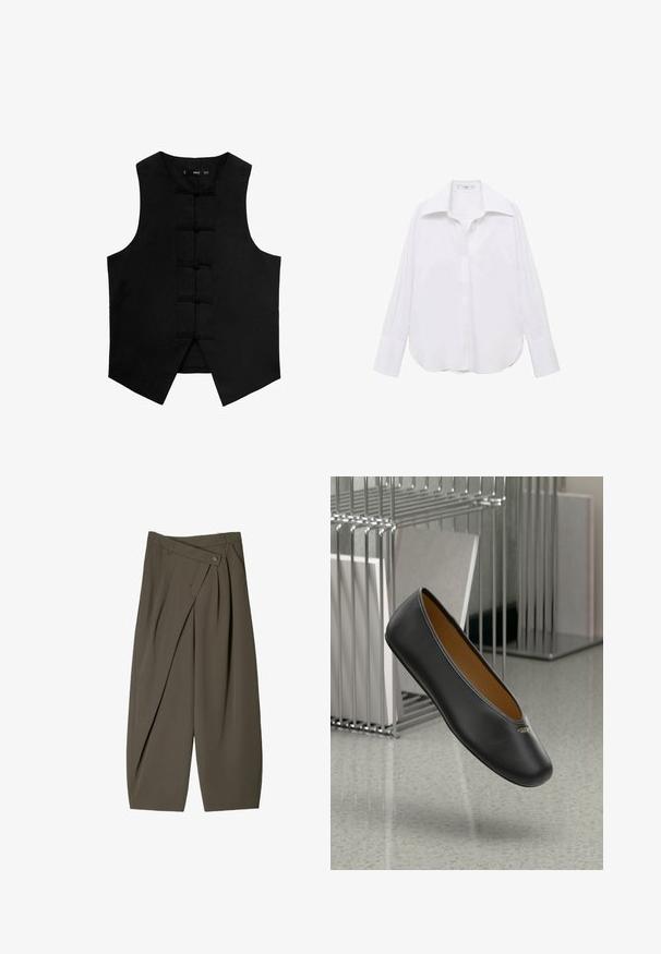 Mustat ilman hihoja liivit, joissa on pyöristetty pääntie, teksturoitu kangas ja perinteiset solmukiinnitykset edessä. Sisältää sivutaskut ja kapenevan helman.; Valkoinen pitkähihainen nappipaita, jossa on klassinen kaulus, rento leikkaus, sivuhaarat ja sileä rakenne kevyestä kankaasta.; Housut, joissa on leveä malli tummanoliivinvihreässä kankaassa, pleat-edessä, napin sulkeminen ja kiiltävä, tekstuuri pinta.; Mustat nahka-ballet-tossut, joissa on pyöreä varvas, sileä pinta ja kultainen logo korostus sivussa. Sijoitettu heijastavan pinnan ylle.