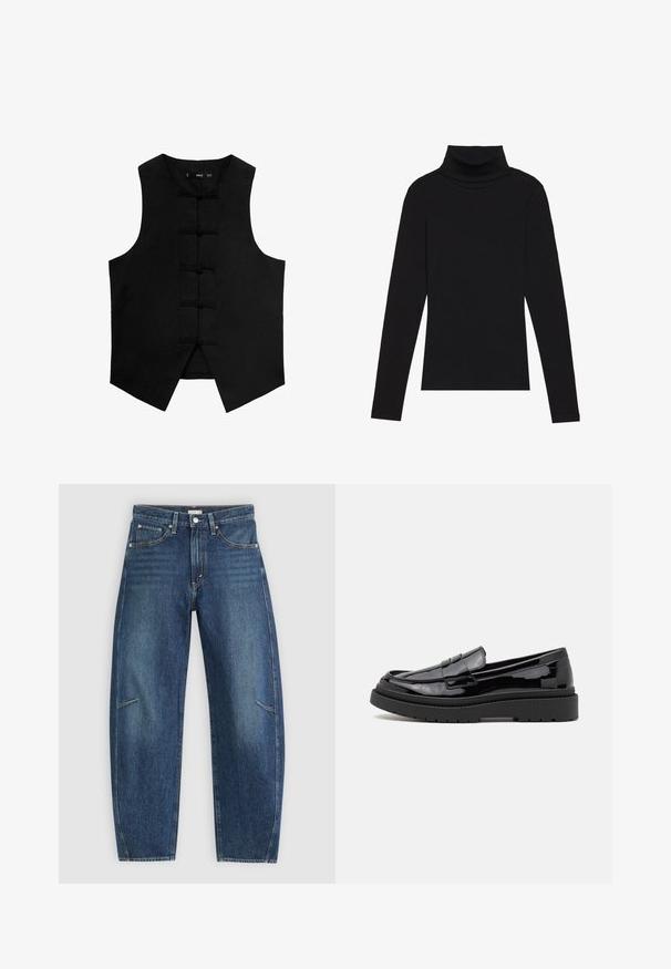 Schwarze ärmellose Weste mit rundem Ausschnitt, strukturiertem Stoff und traditionellen Knotenverschlüssen auf der Vorderseite. Verfügt über seitliche Taschen und einen tapering Saum.; Schwarzes langärmeliges Turtleneck-Oberteil aus geripptem Stoff, mit einer taillierten Passform, hohem Kragen und ohne Muster oder Akzente.; Dunkelblaue Jeans aus Denim mit geradem Bein, ausgestattet mit Vorderaschen, Kontrastnähten und einer dezenten, ausgewaschenen Textur an den Beinen.; Schwarze Lackleder-Loafer mit runder Zehenform, einem dekorativen Riemen und einer dicken schwarzen Gummisohle. Glatte, glänzende Textur mit minimalen Nähten.