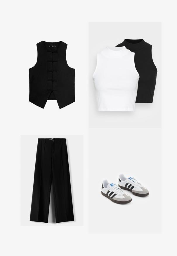 Vesta neagră fără mâneci, cu decolteu rotund, material texturat și închideri cu noduri tradiționale pe față. Prezintă buzunare laterale și un tiv conic.; Două bluze fără mâneci, cu guler înalt, în culorile negru și alb, având un design ajustat și o textură netedă, cu o lungime scurtă.; Pantaloni negri cu picior larg, fabricați dintr-un material ușor, cu închidere frontală cu nasture și față plată, având tivuri cusute cu atenție.; Încălțăminte sport cu un superior din piele albă, vârf din suede gri și trei dungi negre. Prezintă un logo albastru pe limbă și o talpă din cauciuc texturat.
