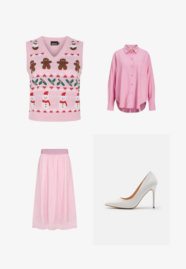 Pink knitted vest featuring a v-neck design, decorated with gingerbread men, snowmen, holly, and festive patterns in red and green.; Light pink button-up shirt with a collared neckline, long sleeves, single chest pocket, and a slightly curved hem. Fabric appears soft.; Pink tulle skirt with a soft, sheer design. Features an elastic waistband and flowing silhouette, creating a layered effect.; White patent leather high-heeled pump with a pointed toe and slender stiletto heel, featuring a smooth texture and a beige interior.