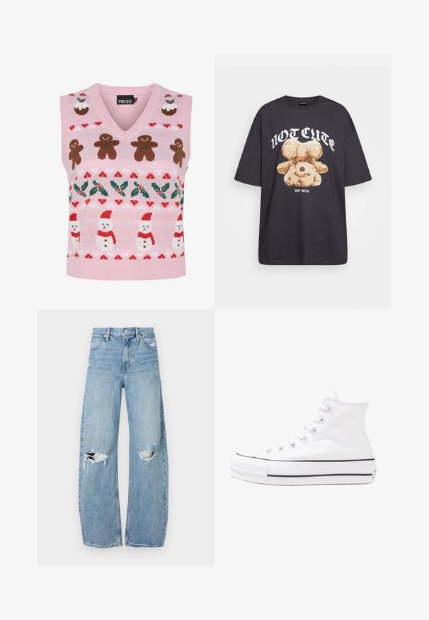 Colete de malha rosa com design em V, decorado com homens de gengibre, bonecos de neve, azevinho e padrões festivos em vermelho e verde.; T-shirt oversized preto com uma gráfica de um urso e o texto "NÃO FOFO, MAS SELVAGEM" em letras brancas e em negrito. Material em algodão.; Jeans de lavagem clara, de cintura alta, feitos de denim. Apresentam pernas largas, duas áreas rasgadas nos joelhos e o estilo clássico de cinco bolsos.; Sapatilha alta de tela branca com sola de borracha preta, bico de borracha na frente e seis ilhós para os atacadores, apresentando um design limpo e minimalista.