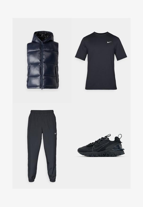 Jūrinis pūkinis liemenė su kapu, su priekiniais užtrauktukais, dviem šoniniais kišenėmis ir blizgia, siuvinėta tekstūra.; Juodas trumpomis rankovėmis Nike marškinėliai, pagaminti iš lygaus audinio, su baltu swoosh logotipu viršutinėje kairėje pusėje, apvaliu kaklu.; Juodos sportinės kelnės iš lengvos medžiagos su elastinga juosta, kulkšnies rankovėmis ir diskretišku Nike logotipu kairėje pusėje.; Juoda sportinė avalynė su kvėpuojančiu tinkliniu viršumi, tekstūruotais akcentais ir banguota guma padais. Yra atspindintis logotipas ir raištelių sistema.