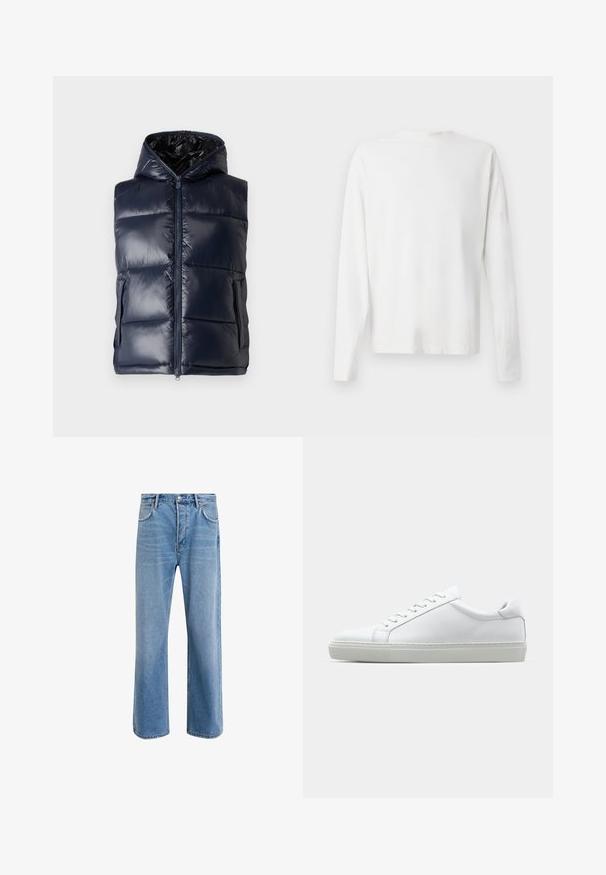 Gilet imbottito blu navy con cappuccio, dotato di una cerniera frontale, due tasche laterali e una texture lucida e trapuntata.; Camicia bianca in cotone a maniche lunghe con scollatura rotonda, spacchi laterali in fondo e una texture liscia, mostrata da dietro.; Jeans in denim blu chiaro con design a gamba dritta, cinque tasche, chiusura con bottone, leggero sbiadimento e dettagli di cucitura a contrasto.; Sneaker bianco con tomaia in pelle liscia e profilo basso. Presenta una punta arrotondata, sei occhielli e una suola in gomma testurizzata.
