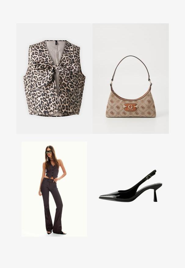 Vesta s leopardím vzorom s uzáverom na motýlik, vyrobená z lesklého materiálu, s dvoma prednými vreckami a bezrukávovým dizajnom.; Biely top s dlhými rukávmi a výstrihom do lodičky. Vyrobený z jemného materiálu, má rozšírené rukávy a rovný lem, ponúkajúci jednoduchý a všestranný dizajn.; Hnedý pruhovaný skrátený zest a rozšírené nohavice, obsahujúce gombíky a textúrovanú látku. Čierne otvorené topánky a nadmerné slnečné okuliare.; Čierne lakované kožené slingback lodičky s špicatou špičkou, vyrezávanými bokmi, nastaviteľným remienkom okolo členka a tenkým, elegantným podpätkom.; Taška cez rameno z béžovej tkaniny s hnedými vzorovanými akcentmi. Má zakrivený tvar, jedno ramenné ucho a prednú značkovú plaketu so striebornými kovovými prvkami.