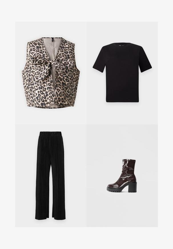 Leopardų rašto chalatas su kaklaraiščio užsegimu, pagamintas iš blizgaus audinio, turintis dvi priekinės kišenes ir be rankovių dizainą.; Juodas trumpas rankovės marškinėlis su apvaliu iškirpimu, pagamintas iš minkštos medvilnės medžiagos. Paprastas dizainas, be matomų logotipų ar raštų.; Juodi plisuoti kelnės su elastine juosta. Turėkite plačias kojas ir glotnų, tekstūrinį audinį su vertikaliais dryžiais.; Blizgus burgundių spalvos kulknapis su tankiu juodu kulnu, pasižymintis lygiu paviršiumi ir paprastu dizainu. Nėra matomų užsegimų ar raštų.