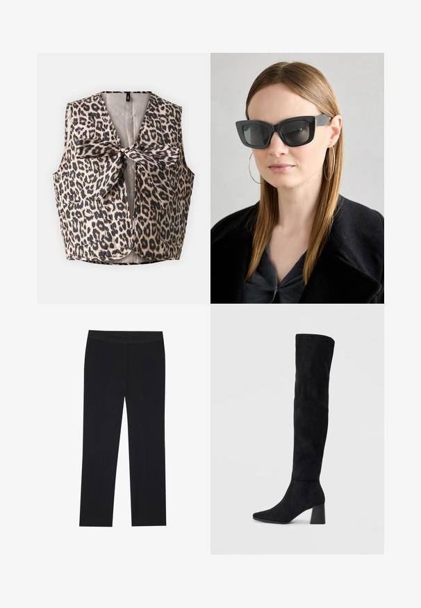 Leopardmønster vest med sløyfe-lukking, laget av blankt stoff med to frontlommer og uten ermer.; Svart langermet topp med rynket stoffdetalj foran og ved håndleddene, laget av mykt, elastisk materiale med båthals.; Sorte bukser med rette ben, med sidelommer og en glat stoffeksur. Minimal detaljer, ren linning.; Sorte semskede knelang støvel med blokk-heelsk, spiss tå og glatt, sømløst design på en ensfarget lys bakgrunn.; Sorte katteøyne solbriller med mørke linser, tykke rammer og subtile detaljer. Båret med en svart frakk og grå topp, med langt, rett hår.