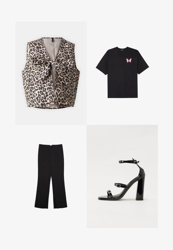 Vesta s leopardím vzorom s uzáverom na motýlik, vyrobená z lesklého materiálu, s dvoma prednými vreckami a bezrukávovým dizajnom.; Čierne bavlnené tričko s krátkymi rukávmi, s malým ružovým motýlikom na ľavej hrudi. Design s okrúhlym výstrihom a uvoľneným strihom.; Čierne nohavice so strihom rovného strihu, s prednými vreckami a bočnými rozparkami na leme. Vyrobené z mäkkej, hladkej tkaniny. Vhodné na rôzne príležitosti.; Čierne lakované sandále na vysokom opätku s dvoma prackami, štvorcovou špičkou a hrubým blokovým opätkom, s hladkou, lesklou textúrou.