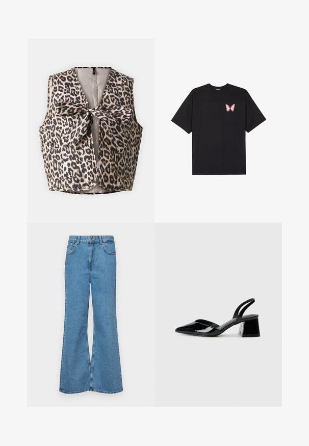 Leopard print vest featuring a bow tie closure, made of shiny fabric with two front pockets and a sleeveless design.; Black cotton t-shirt with short sleeves, featuring a small pink butterfly graphic on the left chest. Crew neck design with a relaxed fit.; Light blue flared jeans made of denim, featuring a high waist, five pockets, and a single button closure. Soft texture with faded finish.; Black patent leather slingback heels with a pointed toe and a geometric block heel. Features a sleek, minimal design and smooth texture.
