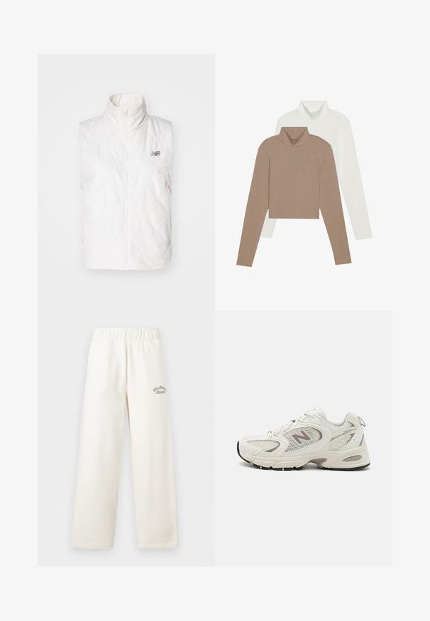 New Balance QUILTED VEST - Väst - linen; Två polotröjor: en i mjukt brunt med en ribbad textur, och en i slät vit. Båda har långa ärmar och en cropped design.; Krämfärgade vida byxor tillverkade av mjukt material med elastisk midja. Har subtil grön broderad text på framsidan.; Vita nätlöparskor med grå detaljer, rundad tå, snörning, dämpad sula och en framträdande "N"-logotyp på sidan.