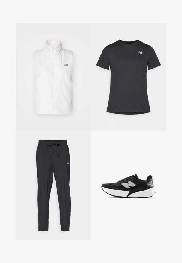 New Balance QUILTED VEST - Colete - linen; T-shirt preta de manga curta feita de tecido suave, com um pequeno logótipo cinza da New Balance no canto superior esquerdo do peito, design clássico de decote redondo.; Calças de corrida pretas feitas de material leve, com cintura elástica e cordão ajustável. Apresenta um pequeno logotipo na lateral.; Sapatilha de corrida New Balance em preto e branco, com sola espessa, parte superior de malha e logótipo "N" de lado, vista do lado externo.