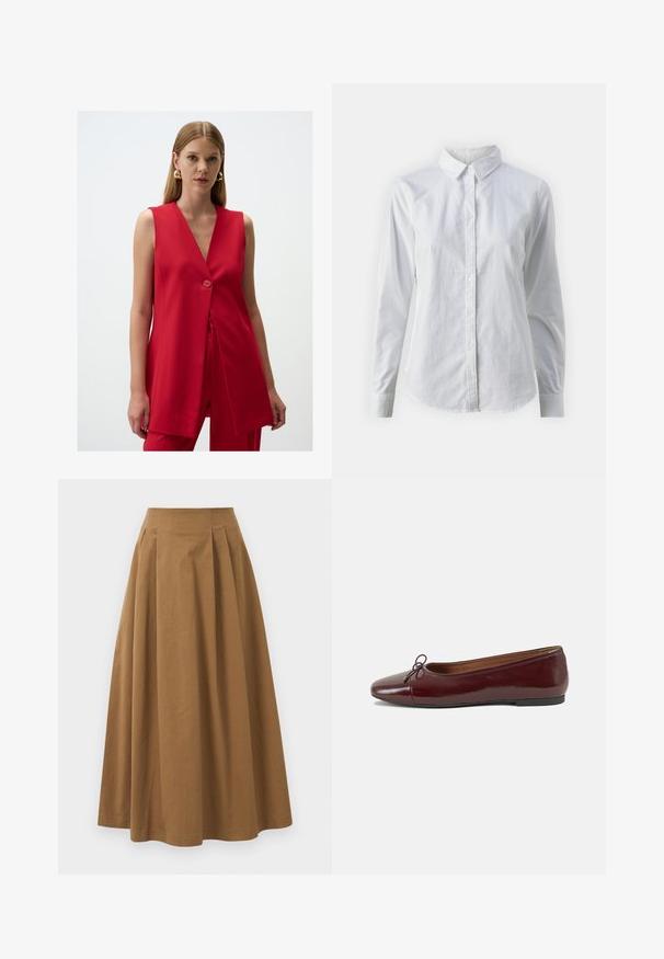 Czerwona bezrękawnik z dekoltem w kształcie litery V i pojedynczym zapięciem na guzik, wykonana z gładkiego materiału i lekko rozszerzająca się w dolnej części.; Biała koszula zapinana na guziki, wykonana z gładkiej bawełny, z klasycznym kołnierzykiem, długimi rękawami i zaokrąglonym dołem. Guziki są małe i białe.; Brąskowa bawełniana spódnica w kształcie litery A z wysokim stanem, z plisami z przodu i gładką fakturą. Wykończenia dołu są czyste i proste.; Bordowe baleriny z lakierowanej skóry z zaokrąglonym noskiem, małą kokardką z przodu oraz niską, czarną gumową podeszwą. Gładka tekstura.