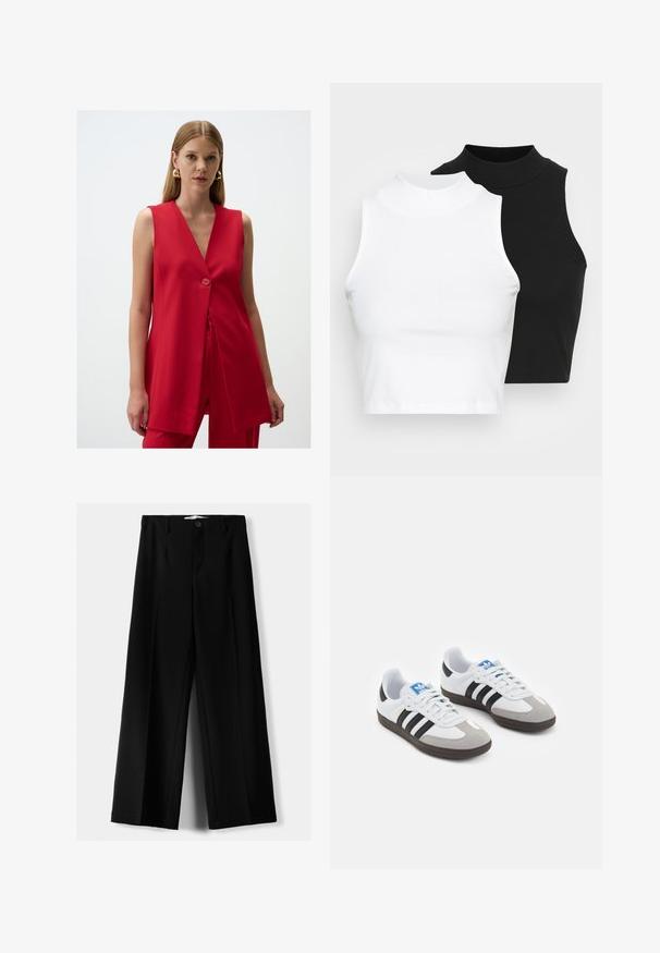 Czerwona bezrękawnik z dekoltem w kształcie litery V i pojedynczym zapięciem na guzik, wykonana z gładkiego materiału i lekko rozszerzająca się w dolnej części.; Dwa bezrękawnikowe golfy w kolorze czarnym i białym, charakteryzujące się dopasowanym fasonem i gładką teksturą, o skróconej długości.; Czarne spodnie szerokie, wykonane z lekkiego materiału, z zapięciem na guzik z przodu i gładkim przodem, z starannie wykończonymi brzegami.; Buty sportowe z białą skórzaną cholewką, szarym zamszowym noskiem i trzema czarnymi paskami. Posiadają niebieskie logo na języku oraz teksturowaną gumową podeszwę.