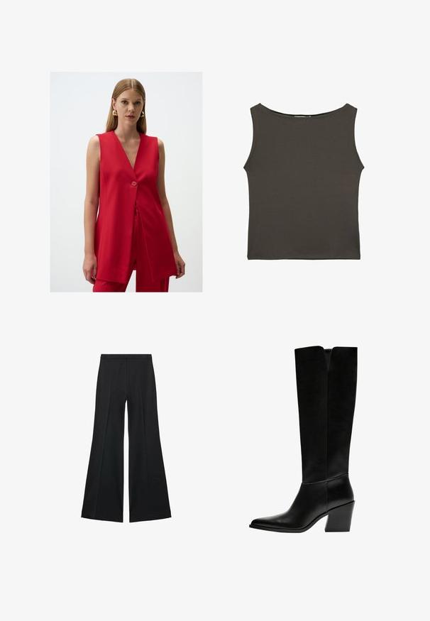 Blazer rosso senza maniche con scollo a V e chiusura a un pulsante, caratterizzato da un tessuto liscio e una silhouette leggermente svasata.; Top aderente grigio scuro senza maniche, con scollatura rotonda, realizzato in un tessuto liscio e elastico. Nessun motivo o dettaglio visibile.; Pantaloni neri a gamba larga con una texture liscia, caratterizzati da pieghe frontali e un design sartoriale. Il tessuto è leggero e fluido.; Stivali neri al ginocchio in pelle liscia, con punta appuntita, tacco a blocco e un'apertura a forma di V nella parte superiore.
