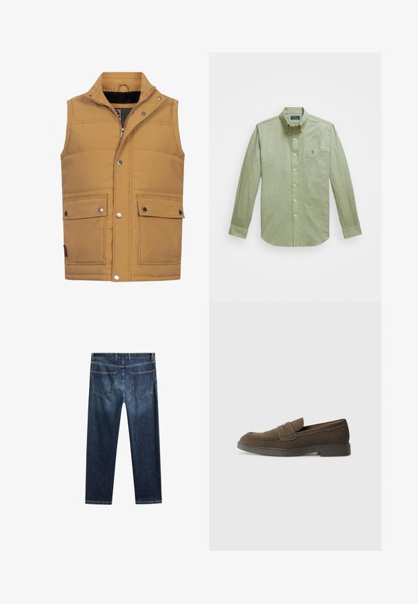 Tan mouwloos vest van gepadded stof. Heeft drukknoopsluiting, twee voorzakken en een zachte zwarte fleece voering in de kraag.; Lichtgroen langemouwige overhemd met knoopsluiting, voorzien van een puntige kraag, een klein geborduurd logo op de borst en parelknopen.; Donkerblauwe denim jeans met een rechte pijp, vijf zakken en contrasterende stiksels. Heeft een schone tailleband en zoom.; Bruine suède instap schoenen met een ronde neus, een band over de wreef en een plat rubberen zool. Eenvoudig ontwerp met strakke lijnen en minimale details.