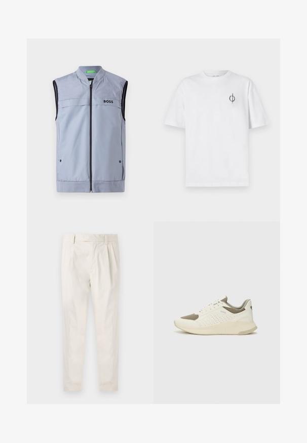 Hele sinine ilma varrukateta vest, millel on seisva krae, tõmblukk ees, must äär ja "BOSS" logo vasakul rinnal. Sile ja kerge kangas.; Valge puuvillane t-särk lõdva sobivusega, millel on vasakul rinnal väike must graafiline logo. Lühikesed varrukad, ümmargune kaelus.; Valged volditud püksid, mis on kohandatud sobivusega, sujuva tekstuuriga, vööloopidega ja kitsenevate jalgadega. Pole nähtavaid taskuid ega mustreid.; Valge ja heledat beeži värvi spordijalats, millel on õhuke võrkmaterjal, perforatsioonidega detailid ning tekstuuriga vahetald, millel on brändi logo kannaosas.