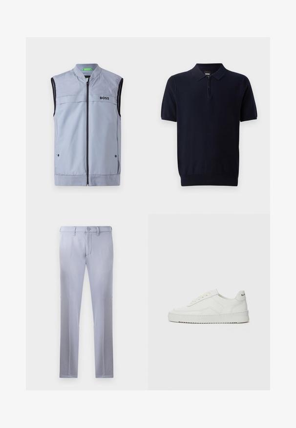 Helleblaue ärmellose Weste mit Stehkragen, Reißverschluss vorne, schwarzem Besatz und "BOSS"-Logo auf der linken Brust. Glattes, leichtes Material.; Marineblaues Poloshirt aus gestricktem Stoff mit kurzem Reißverschluss-Hals, kurzen Ärmeln und einem taillierten Saum. Es hat eine dezente Struktur.; Helle graue, maßgeschneiderte Hose aus glattem Stoff, mit Knopfverschluss, Gürtelschlaufen und geradem Bein. Keine sichtbaren Taschen.; Weiße Ledersneaker mit glatter Oberfläche, runder Zehenpartie, flachen Schnürsenkeln und strukturiertem Sohlenprofil. Mit einem dezenten Logo an der Ferse.