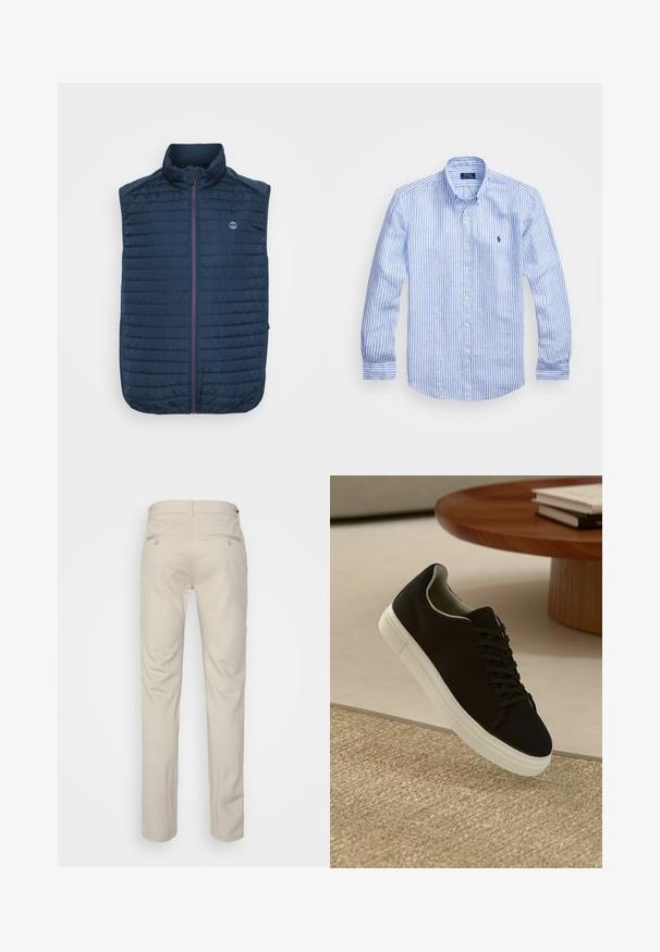 Námornícko-modrá bezrukávová vesta s horizontálnou prešívanou textúrou, vysokým golierom, predným zipsom a bočnými vreckami. Obsahuje logo na hrudi.; Modrá a biela prúžkovaná košeľa s dlhými rukávmi vyrobená z bavlny, vybavená golierom na gombíky, prednými gombíkmi a malým vyšitým logom na hrudi.; Béžové nohavice s hladkou textúrou, rovný strih, dve zadné vrecká s gombíkmi a štandardný pás.; Čierna teniska s bielou podrážkou plávajúca nad béžovým textúrovaným kobercom pri okrúhlom drevenom stole s hromadou kníh.