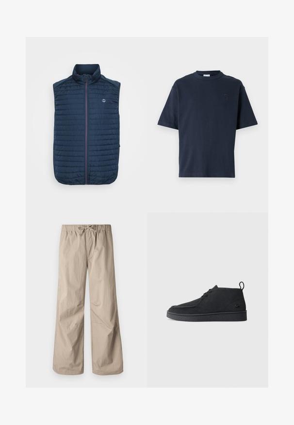 Námořnicky modrá bezrukávová vesta s horizontální prošívanou strukturou, vysokým límcem, předním zipem a bočními kapsami. Obsahuje logo na prsou.; Námořnická modrá tričko s krátkým rukávem vyrobené z bavlny. Má kulatý výstřih a diskrétní logo na hrudi. Rovný střih bez vzorů.; Béžové kalhoty širokého střihu s elastickým pasem a stahovací šňůrkou. Hladký materiál, dvě boční kapsy a minimální švy pro uvolněný fit.; Černé semišové kotníkové boty na šněrování s poutkem a texturovanou podrážkou, s malým reliéfním krokodýlím logem na boku.