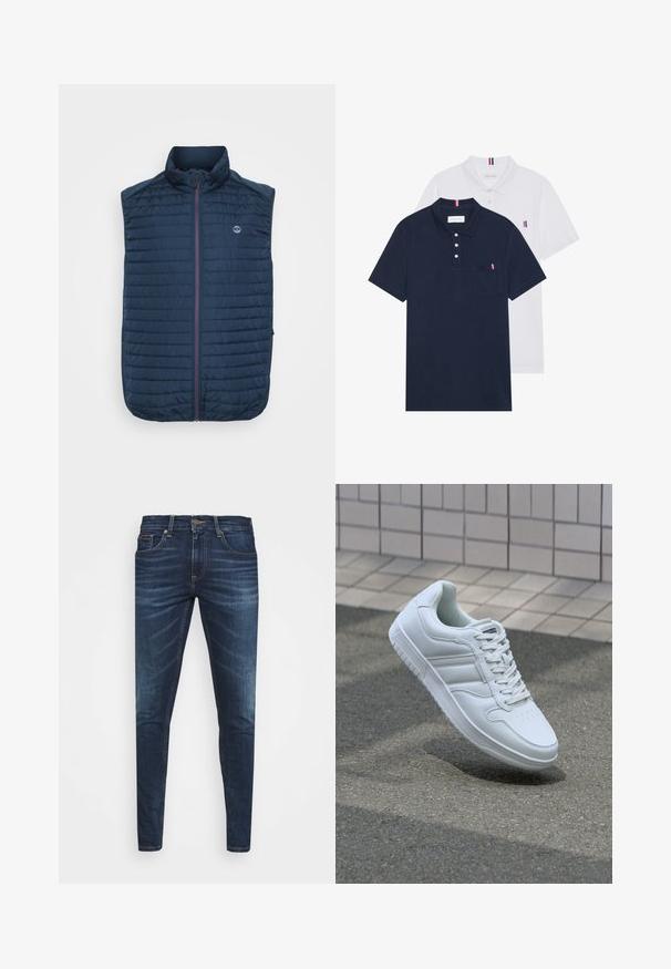 Vest fără mâneci de culoare bleu marin, cu textură matlasată orizontal, guler înalt, fermoar frontal și buzunare laterale. Prezintă un logo pe piept.; Două tricouri polo: unul albastru navy și unul alb, ambele având un mic accent roșu, alb și albastru pe buzunarul de la piept și guler.; Jeans din denim de culoare albastră închisă, cu o croială slim, ușor decolorate, cinci buzunare și închidere cu buton metalic. Detalii cusute în culori contrastante.; Adidași albi pentru sport cu superior din piele netedă, sistem de șireturi în față, vârf perforat și talpă cu model. Design minimalist cu trei dungi laterale.
