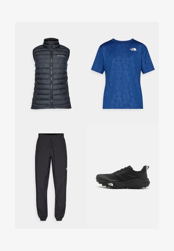 Juodas pūkinis liemenė su aukštu kaklu, užtrauktuku priekyje ir dviem šoninėmis kišenėmis. Pasižymi siuvinėta struktūra ir Columbia logotipu ant krūtinės.; Mėlyna trumparankovė marškinėliai su tekstūriniu geometriniu raštu ir baltu logotipu kairiame viršutiniame kampe. Pagaminta iš lengvos, kvėpuojančios medžiagos.; Juodos sportinės kelnės, pagamintos iš lengvos medžiagos, su raišteliu liemens srityje, šoniniais kišenėmis ir siaurėjantys apykaklės prie kulkšnies.; Juoda bėgimo batai su tekstūruotu paviršiumi, guma padais ir sustiprinta pirštų dalimi. Yra paminkštinta apykaklė ir kilpos, leidžiančios lengvai užsidėti.