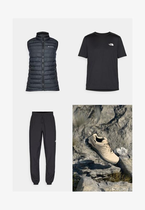 Colete acolchoado preto com gola alta, fecho frontal e dois bolsos laterais. Apresenta um design acolchoado e o logo da Columbia no peito.; T-shirt preto de manga curta feito de um tecido leve. Apresenta um pequeno logo branco ao lado esquerdo do peito e detalhes subtis nos ombros.; Calças atléticas pretas feitas de tecido leve, com um cós ajustável por cordão, bolsos laterais e punhos afunilados nos tornozelos.; Sapatilha de trail running Salomon bege no ar acima de um terreno rochoso ao ar livre com erva dispersa e pequenas pedras.
