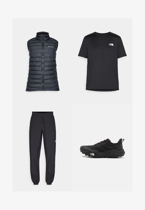 Melnas pūkainās vestes ar augstu apkakli, rāvējslēdzēja priekšpusi un divām sānu kabatām. Iezīme ir quiltēts dizains un Columbia logo uz krūšu daļas.; Melnas īsām piedurknēm T-kreklas, izgatavots no viegla auduma. Uz kreisā krūtīm ir neliels balts logo un smalki plecu akcenti.; Melni sporta bikses, kas izgatavotas no viegla auduma, ar savelcamu jostu, sānu kabatām un sašaurinātiem apakšējiem galiem pie potītēm.; Melnas taku skriešanas kurpes ar teksturētu virsu, gumijas zoli un pastiprinātu pirkstu daļu. Aprīkotas ar mīkstu apkakli un vilkšanas cilpu, lai viegli uzvilktu.