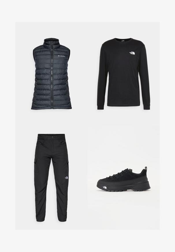 Must must vest kõrge kaelusega, lukuga esiosas ja kahe küljetaskuga. Omab flokeeritud disaini ja Columbia logo rinnal.; Musthave musta pika varrukatega t-särk, mis on valmistatud puuvillast. Esiplaanil on valge logo vasaku rinna kohal ning ribitekkide detailid. Särk on sileda tekstuuriga ja ümar lõikega kaelusega.; The North Face HORIZON PANT - Õuepüksid - black; Must musta jalats, millel on sametised ülemused, tekstuuriga kummist põhi ja vastupidav sidumise süsteem. Omab tugevdust kannaosas ja brändi logo küljes.