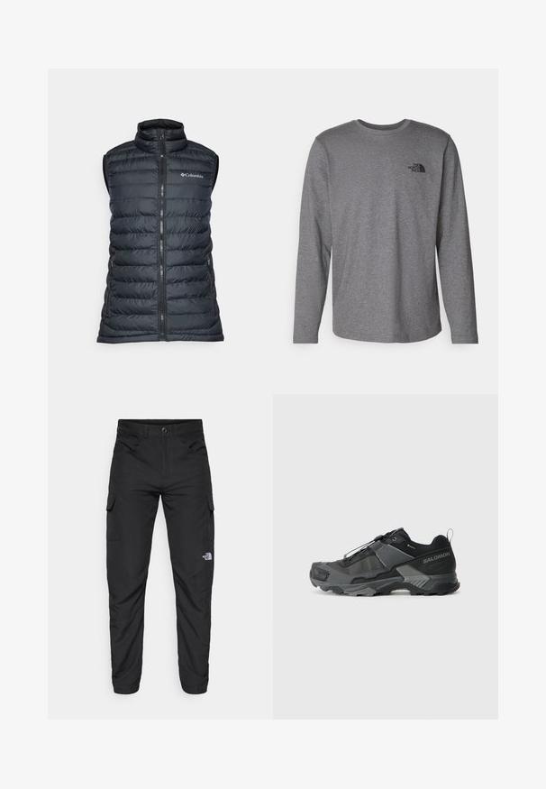 Svart pufferväst med hög hals, dragkedja fram och två sidofickor. Har en quiltad design och Columbia-loggan på bröstet.; The North Face M L/S SIMPLE DOME TEE - Långärmad tröja - medium grey heather; The North Face HORIZON PANT - Friluftsbyxor - black; Svart trailrunning sko med ett hållbart mesh-övre, förstärkt tåhuvud, strukturerad gummisula och elastiskt snörsystem för en säker passform.