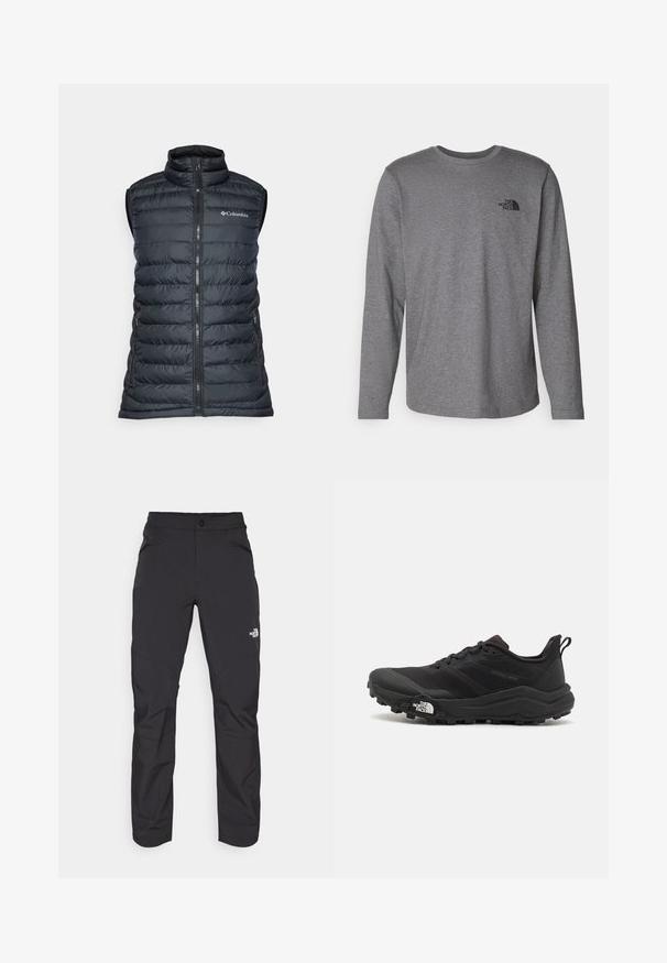 Czarna kamizelka puchowa z wysokim kołnierzem, zamkiem z przodu i dwoma bocznymi kieszeniami. Posiada pikowaną konstrukcję oraz logo Columbia na piersi.; The North Face - Bluzka z długim rękawem; Czarne spodnie outdoorowe z zamkiem błyskawicznym w przedniej kieszeni, wykonane z materiału syntetycznego, zwężające się nogawki oraz wzmocnione panele na kolanach. Posiadają zapięcie na guzik.; Czarne buty do biegania w terenie z teksturowaną cholewką, gumową podeszwą i wzmocnionym noskiem. Posiadają wyściełany kołnierz oraz uchwyt do łatwego zakładania.