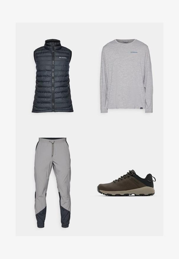 Vesta puffer neagră cu guler înalt, fermoar frontal și două buzunare laterale. Prezintă un design matlasat și logo-ul Columbia pe piept.; Tricou cu mânecă lungă de culoare gri deschis, realizat dintr-un material moale și texturat. Are un gât rotund și un mic logo al brandului Patagonia de culoare albastră pe piept.; Pantaloni sportivi ușori, gri, cu accente negre. Talie elastică, închidere cu șnur, design cu picior tapered și buzunare laterale.; Adidași impermeabili maro, cu un superior texturat, accente perforate, suport pentru călcâie negru și o talpă din cauciuc gri. Șireturile au vârfuri metalice.