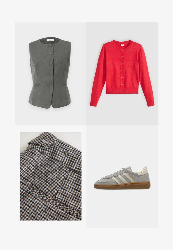 Vesta gri, fără mâneci, cu un design structurat, care prezintă șase botoane acoperite cu țesătură, croi ajustat și buzunare laterale subtile.; Cardigan roșu dintr-un material moale, cu guler rotund, mâneci lungi și un închidere cu nasturi în față. Are nasturi asortați.; Next REGULAR FIT - CHECK BARREL TAILORED - Pantaloni - brown; Adidași din suede gri, cu dungi din piele gri deschis și talpă din cauciuc de tip gumă. Include închidere cu șireturi și un branding discret pe limbă.