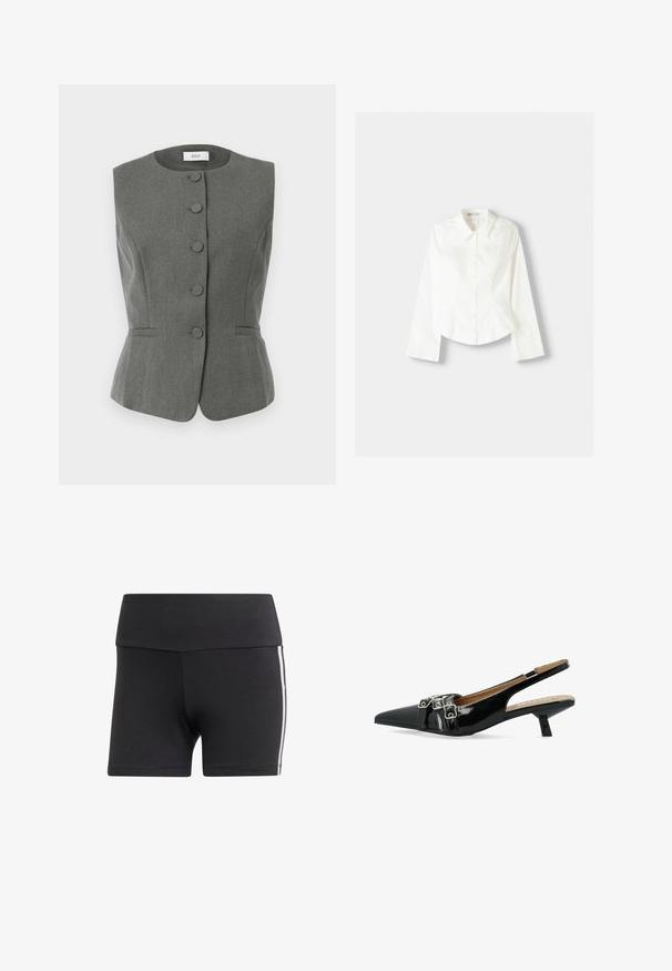 Graue, ärmellose Weste mit strukturiertem Design, ausgestattet mit sechs mit Stoff überzogenen Knöpfen, taillierter Passform und dezenten Seitentaschen.; Weißes Hemd mit langen Ärmeln, klassischem Kragen, strukturiertem Schnitt und subtilen vertikalen Nähten für zusätzliche Details.; Hemdoberteil ohne Träger in Beigetönen, mit horizontalen Stoffstreifen in verschiedenen Texturen, Spitzenakzenten und verstellbarem Zubehör am oberen Rand.; Schwarze Sportshorts mit breitem Bund, aus dehnbarem Stoff. Mit weißen seitlichen Streifen und einer taillierten Passform.; Schwarze Lackleder-Slingback-Schuhe mit spitzen Zehen und zwei Schnallenriemen. Sie verfügen über einen flach geneigten Absatz und eine glatte Textur.