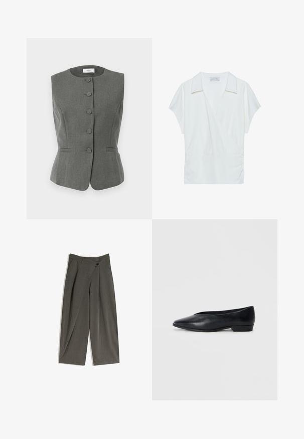 Sivi bez rukava s strukturiranim dizajnom, s šest dugmadi prekrivenih tkaninom, krojenog kroja i suptilnim bočnim džepovima.; Bijela bluzica s ovratnikom, napravljena od glatke tkanine, s kratkim rukavima i skupljenim detaljima u struku za opušteni fit.; Hlače širokih nogavica od tamnosivog platna. Imaju ravni prednji dio, bočne džepove i zatvaranje na jedan gumb. Glatka tekstura, kroj prilagođen tijelu.; Crne kožne ravne cipele s šiljastim vrhom, lagano podignutom petom i glatkom površinom. Jednostavan dizajn bez vidljivih tvrdih dijelova ili uzoraka.