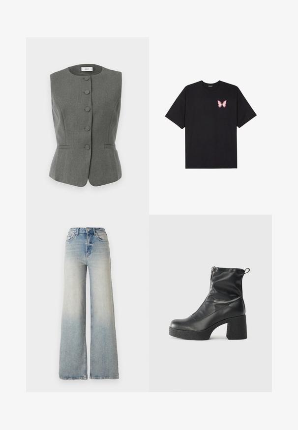 Gray, sleeveless vest with structured design, featuring six fabric-covered buttons, tailored fit, and subtle side pockets.; Black cotton t-shirt with short sleeves, featuring a small pink butterfly graphic on the left chest. Crew neck design with a relaxed fit.; Light blue wide-leg jeans made of denim, featuring a high waist, five pockets, and visible stitching along the seams.; Black ankle boots made of smooth leather, featuring a side zipper, chunky textured heel, and rounded toe design.