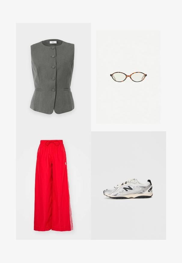 Grijze, mouwloze vest met gestructureerd ontwerp, voorzien van zes met stof bedekte knopen, een op maat gemaakt pasvorm en subtiele zijzakken.; Witte longsleeve T-shirt met ronde hals en een "WEEKDAY" label op de binnenkant van de kraag, plat gelegd op een lichtgrijze achtergrond.; Rode broek met wijde pijpen, gemaakt van lichte stof, met witte zijkanten en een elastische tailleband met een trekkoord.; Grijze en witte sportschoen met een ronde neus, gemaakt van mesh en synthetische materialen, zwarte accenten en een gestructureerde rubberen zool.; Kattenoogbril met ovale lenzen en een strakke, gladde afwerking. Heeft dunne zijkanten met een subtiele kromming bij de slapen. Transparante lenzen.