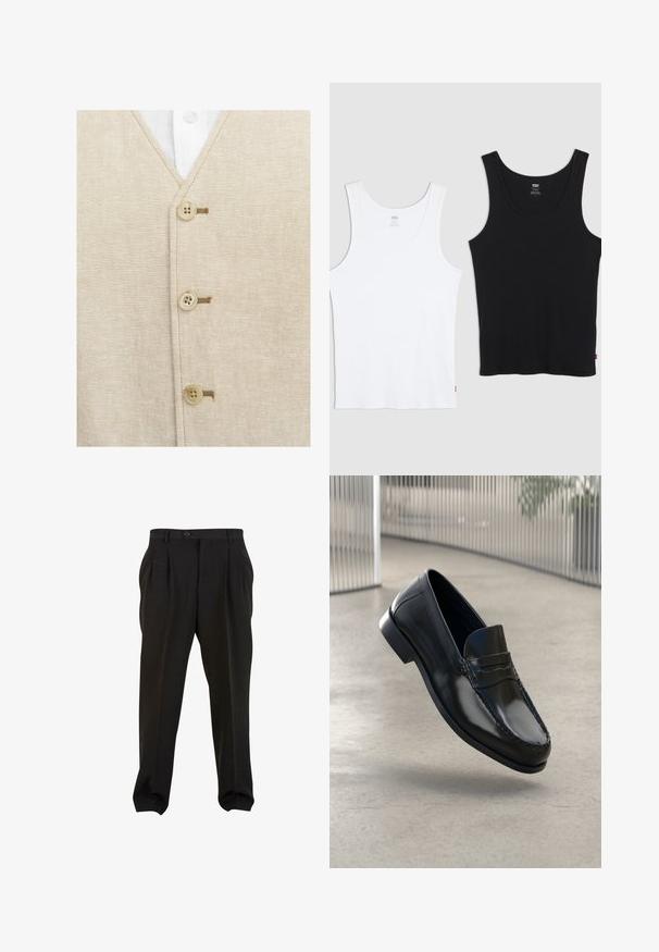 Jack & Jones PREMIUM JPRRIVIERA MIX - Brezrokavnik - travertine; Dve bombažne brezrokavnike, ena bela in ena črna, vsaka z rebrasto teksturo, okroglo obliko vratu in majhnim rdečim logotipom na robu.; Črne hlače iz gladkega materiala, s sprednjimi gubami, gumba na pasu in ozkimi manšetami na gležnjih. Klasična krojena silhueta.; Črni usnjeni loaferji z gladkim zaključkom, zaobljenim prstiščem, dekorativnim šivanjem in rahlo dvignjeno podplato.