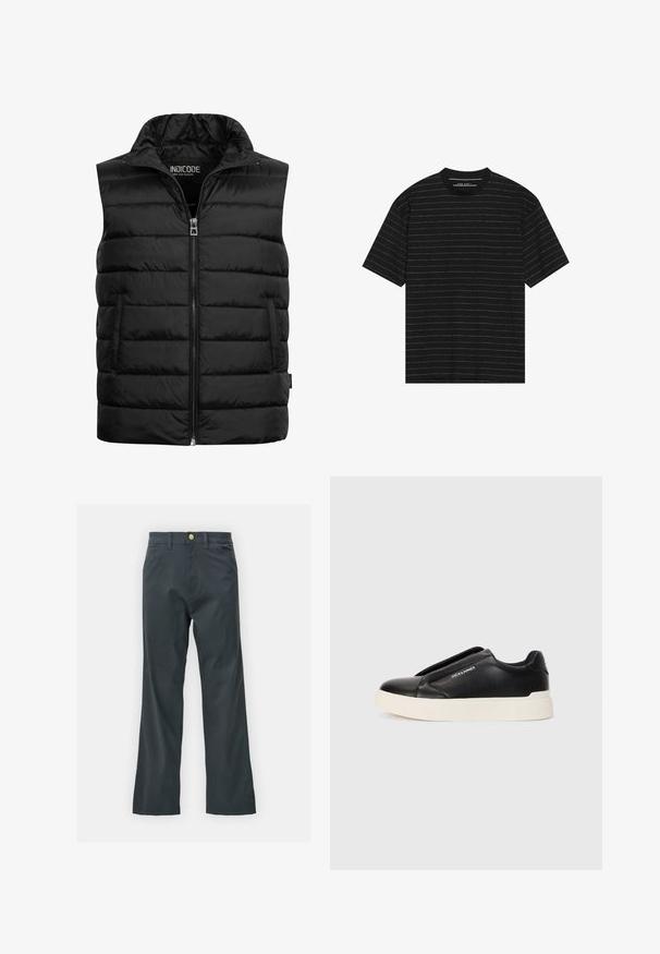 Čierna prešívaná vesta s vysokým golierom, so zipsom a dvoma bočnými vreckami. Vyrobená z lesklého, ľahkého materiálu s prešívanou textúrou.; Čierne tričko s krátkym rukávom, ktoré má tenké biele horizontálne pruhy. Vyrobené z mäkkej tkaniny s okrúhlym výstrihom a voľným strihom.; Čierne nohavice so straight leg strihom, vyrobené z bavlnenej zmesi. Majú kovové zapínanie a bočné vrecká. Bez viditeľných vzorov.; Čierne tenisky na gumenú podrážku so štruktúrovaným koženým vrchom, biela gumová podrážka a žiadne viditeľné šnúrky. Na boku sa nachádza logo značky.
