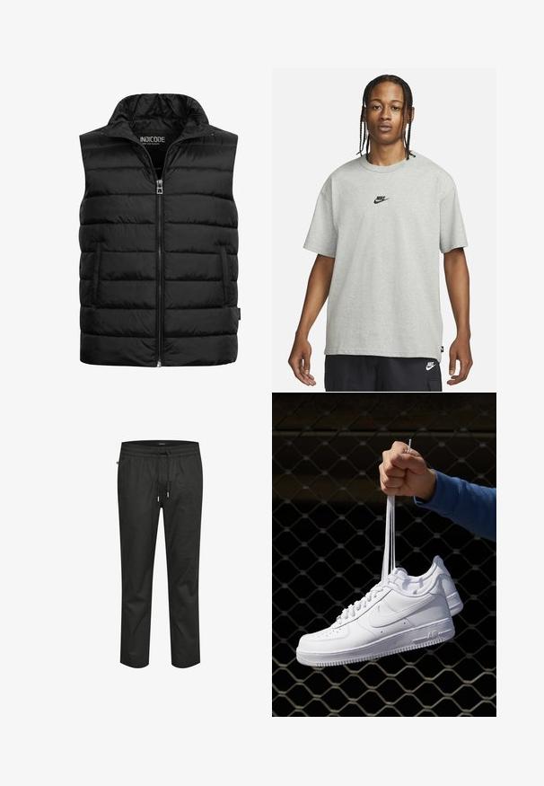 Gilet imbottito nero con colletto alto, chiusura a zip e due tasche laterali. Realizzato in materiale lucido e leggero con texture trapuntata.; Giovane con capelli intrecciati che indossa una maglietta Nike grigia chiara e pantaloni Nike neri su uno sfondo bianco semplice.; Pantaloni in cotone neri con una vita elasticizzata, chiusura con cordino e vestibilità rilassata. Presentano una texture liscia e gambe affusolate.; Sneakers in pelle bianca con perforazioni, punta rotonda, suola piatta e lacci spessi, con logo swoosh visibile e "AIR" sul tallone.