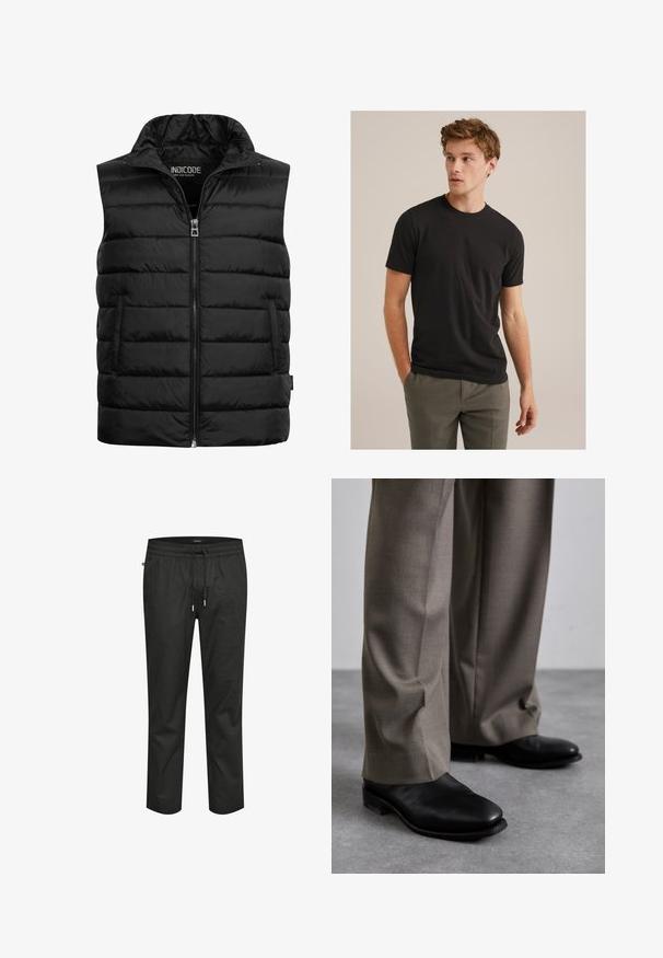 Sort polstret vest med høj krave, lynlås-lukning og to sidelommer. Lavet af skinnende, let materiale med quiltet tekstur.; Ung mand med krøllet lysebrunt hår iført sort kortærmet t-shirt og grå bukser, ser mod venstre med hænderne i lommerne.; Sorte bomuldsbukser med elastisk talje, snorelukning og en afslappet pasform. Har en glat overflade og smalle ben.; Sorte lædersko med spids tå-design, parret med grå, skræddersyede bukser. Skoene har en lav hæl og en glat tekstur.