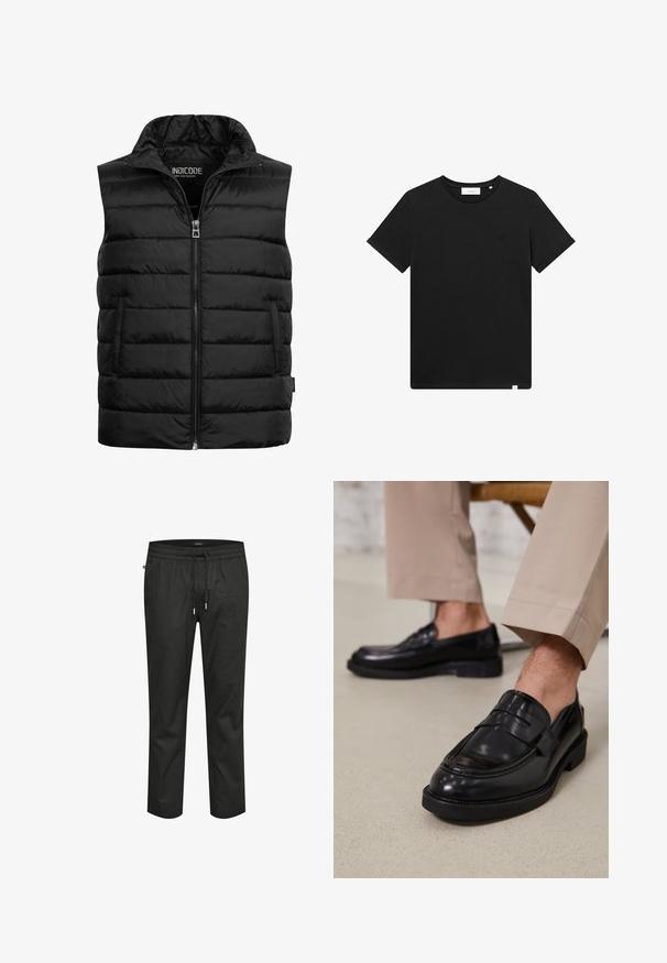 Svart vadderad väst med hög krage, dragkedjestängning och två sidofickor. Tillverkad av glänsande, lätt material med kviltad textur.; Svart kortärmad T-shirt i bomull, med rund hals och en liten logotyp broderad på bröstet. Slät textur, standard passform.; Svarta bomullbyxor med elastisk midja, snörning och avslappnad passform. Har en slät textur och avsmalnande ben.; Svarta läder loafers med en slät finish, prydda med en dekorativ rem och kontrastsöm, tillsammans med beiga byxor.