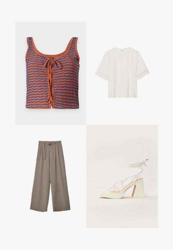Oranžna bombažna majica brez naramnic z modrimi valovitimi črtami, ki se ponaša s krožnim izrezom in detajlom z vezanjem spredaj. Gladka tekstura, skrajšan dizajn.; Bela kratka majica s kratkimi rokavi iz bombaža, okrašena z dekorativnim čipkastim robom ob rokavih in okroglo izrezom.; Široke hlače iz mehke, umirjene sive tkanine, z pasom, ki ga je mogoče zavezati, in z gubami za dodatne oblikovne podrobnosti. Gladka tekstura, brez vzorcev.; Bela sandala na visokih petah s debelim petam, ki ima obliko trakcev in vezanje okoli gležnja. Gladka tekstura z platformo spredaj za dodatno višino.